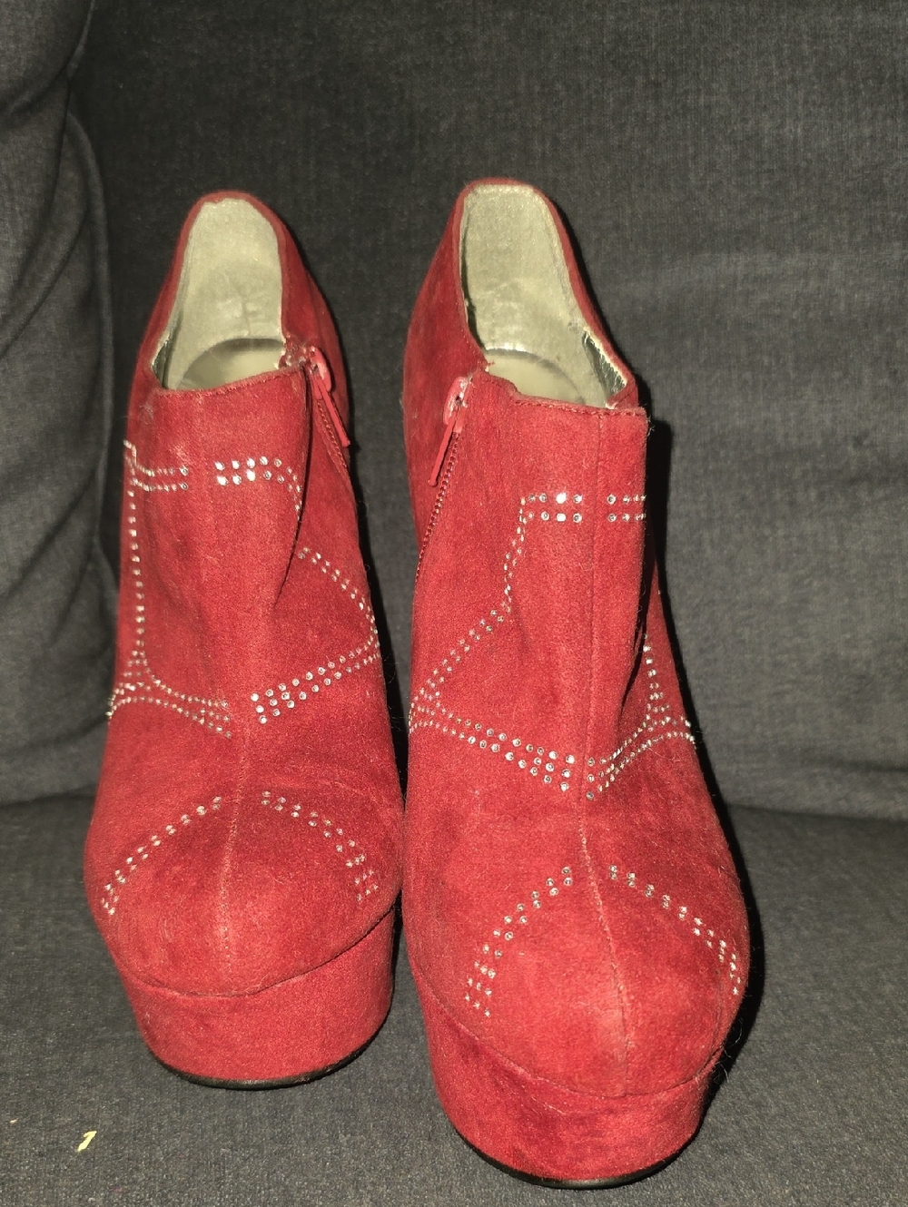 Red Suede Platform Ankle Boots with Studded Detail